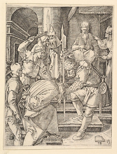 Christ captured and being dragged by hair up steps before the throne of the high priest  Annas, after Dürer