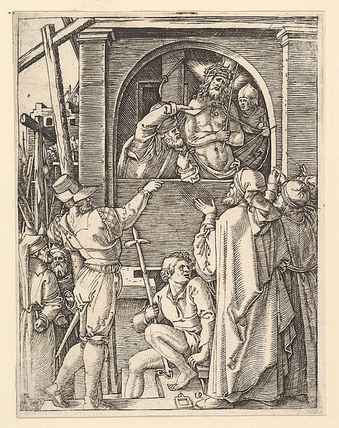 Ecce Homo: Christ wearing the crown of thorns standing in a loggia presented to a crowd, after Dürer