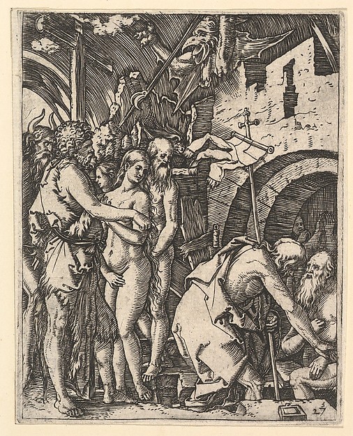 Christ in Limbo; Christ walking down to the arched gateway to Limbo on the right, on the left a group of people including Moses, John the Baptist, Adam and Eve, after Dürer