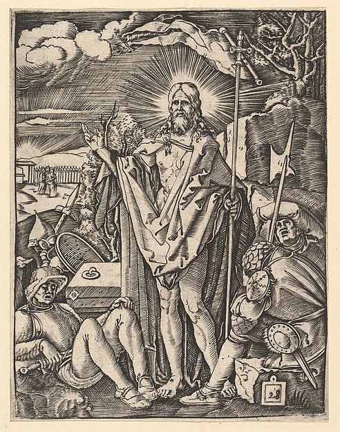 The Resurrection; Christ standing in front of closed tomb, holding a flag and giving a blessing, guards sleeping in the foreground, after Dürer