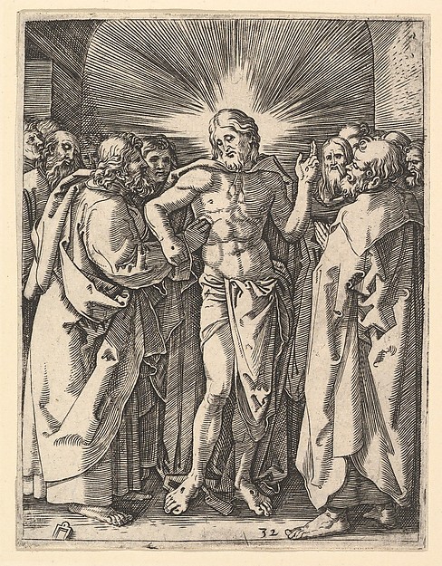 The Doubting Thomas; Christ among his disciples, Saint Thomas touching Christ's wound, after Dürer
