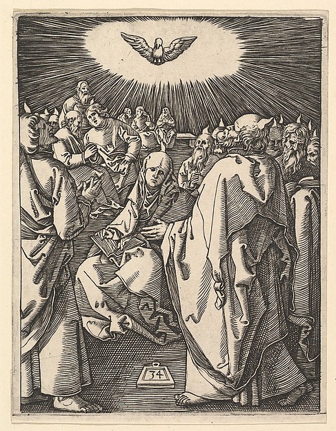 The Pentecost; the Holy Dove appears above, below sits the Virgin surrounded by  Apostles, after Dürer