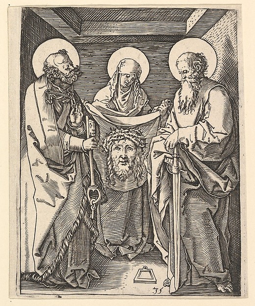 Shroud of Oviedo: Virgin Mary holds open shroud for Saint Peter and Saint Paul, after Dürer