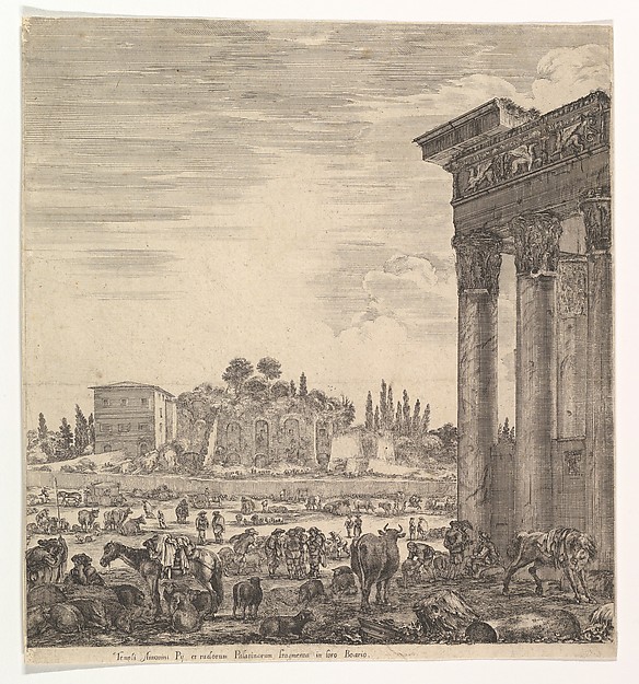 The columns of the Temple of Antoninus to right, a part of the Campo Vaccino in center and at left, along with various animals and figures, the Palatine ruins in the background, from 'Six large views, four of Rome, and two of the Roman countryside' (Six grandes vues, dont quatre de Rome et deux de la Campagne romaine)