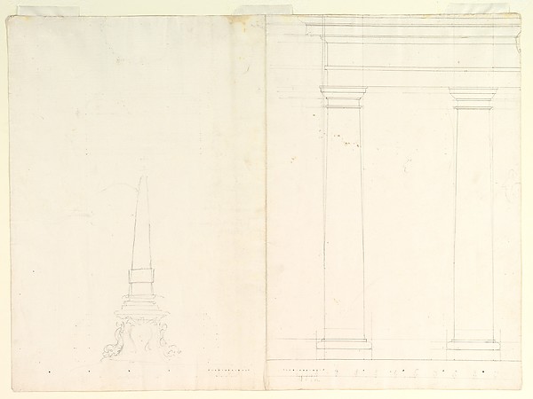 Design for an Obelisk; Partial Design in Elevation for Colonnade in the Doric or Tuscan Order (recto); Design for Fluted Column on Podium in Elevation (verso)