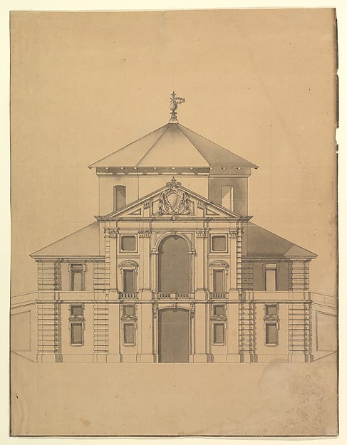 Elevation for a Building with an Octogonal Cupola and two stoy Pendimenting Facades