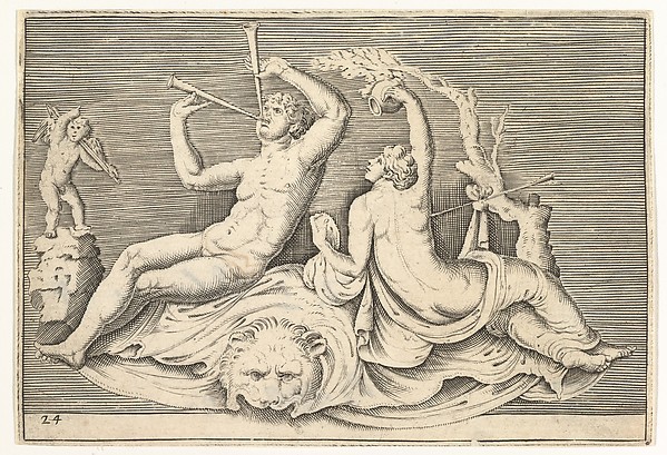 Man Playing Two Flutes and Woman on Lionskin, from "Ex Antiquis Cameorum et Gemmae Delineata/ Liber Secundus/et ab Enea Vico Parmen Incis"