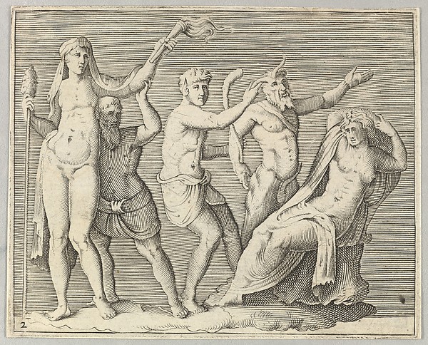Two Figures, a Faun, and a Satyr approach a Recliniing Woman, from "Ex Antiquis Cameorum et Gemmae Delineata/ Liber Secundus/et ab Enea Vico Parmen Incis"