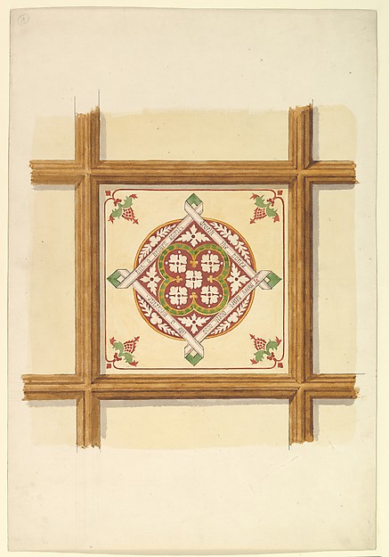 Design for a Coffered and Painted Ceiling in Rust and Olive Green, with a Quatrefoil Motif