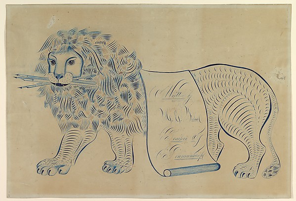 Ornamental Lion Composed of Scrolls, Holding Pens — H. E. Forbes