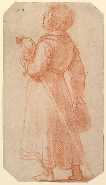 A Young Boy Seen from Behind, holding a sword and cap
