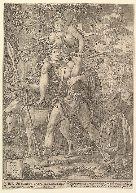 Allegory of the Hunt; a hunter holding a large spear carrying a woman (Diana?) on his shoulders; five hunting dogs in the foreground and a retinue of male and female hunters in the background