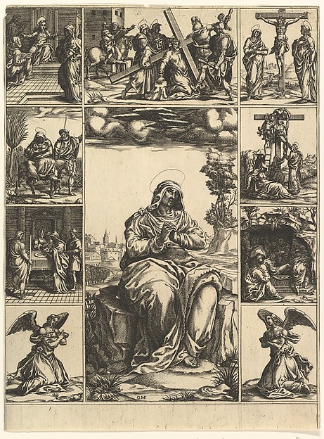 The Virgin of Sorrows; an image of the Virgin Mary surrounded by nine vignettes depicting scenes of her life by Giorgio Ghisi