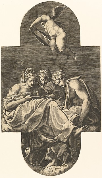Three Muses and a putto above with a lyre, from a series of eight compositions after Francesco Primaticcio's designs for the ceiling of the Ulysses Gallery (destroyed 1738-39) at Fontainebleau