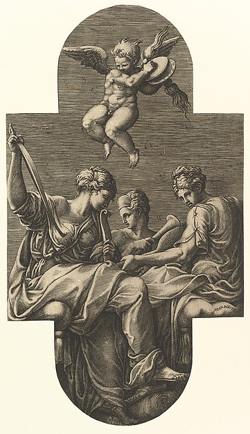 Three Muses and a Putto with Cymbals,  from a series of eight compositions after Francesco Primaticcio's designs for the ceiling of the Ulysses Gallery (destroyed 1738-39) at Fontainebleau