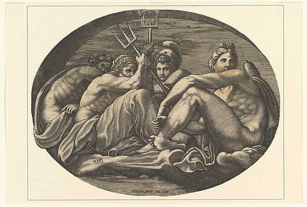 Pluto, Neptune, Minerva, and Apollo, from a series of eight compositions after Francesco Primaticcio's designs for the ceiling of the Ulysses Gallery (destroyed 1738–39) at Fontainebleau