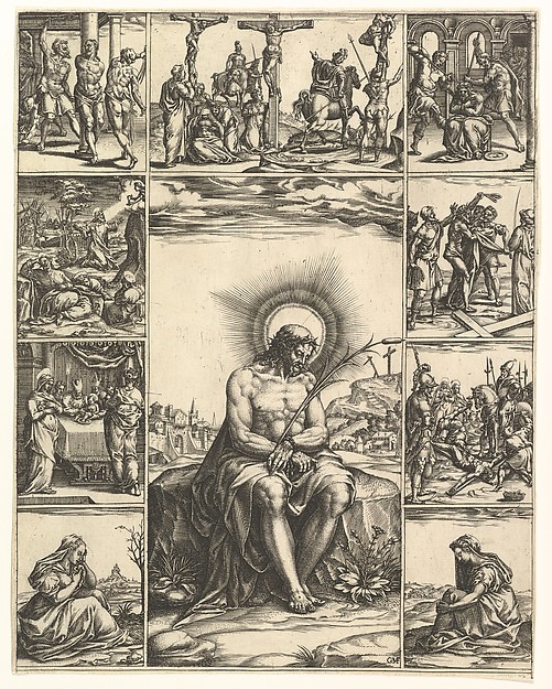 The Man of Sorrows; an image of Christ surrounded by nine vignettes depicting scenes of the Passion by Giorgio Ghisi