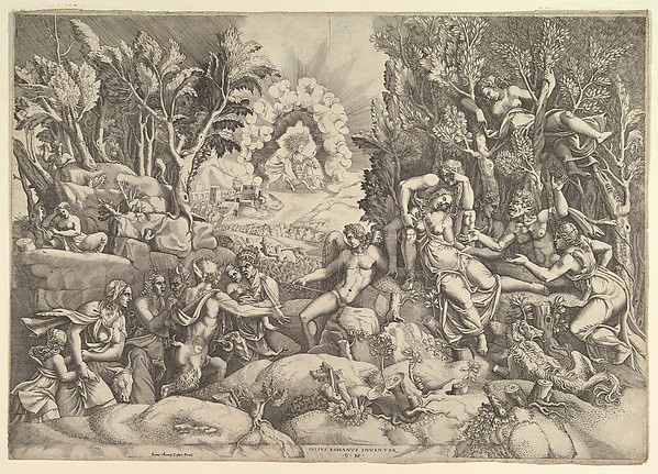The Death of Procris; Cephalus mournig the death of Procris on the right surrounded by Cupid and mourning satyrs and nymphs, the goddess of dawn in her chariot in the background