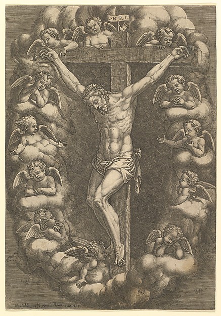 Christ crucified surrounded by mourning angels by Giorgio Ghisi