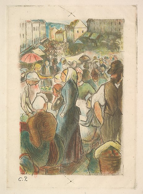 The Market at Gisors: Rue Cappeville, Camille Pissarro (French, Charlotte Amalie, Saint Thomas 1830–1903 Paris), Etching and drypoint printed in color on laid paper; seventh state of seven; posthumous impression