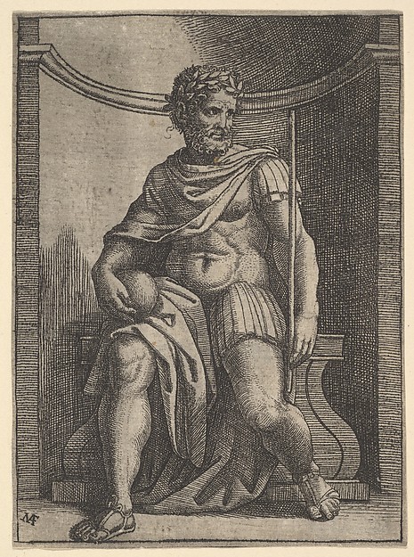 A  Roman emperor sitting in a niche holding a globe and sceptre and looking to his left