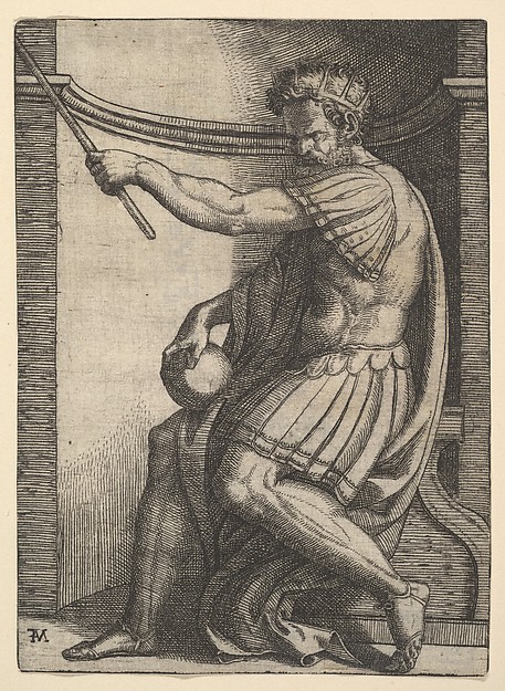 A Roman emperor sitting in a niche holding a sceptre in his raised left hand and a globe in his right hand
