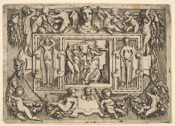 The Cumeaean sibyl walking to the right and carrying a tray, followed by three women, set within an elaborate frame
