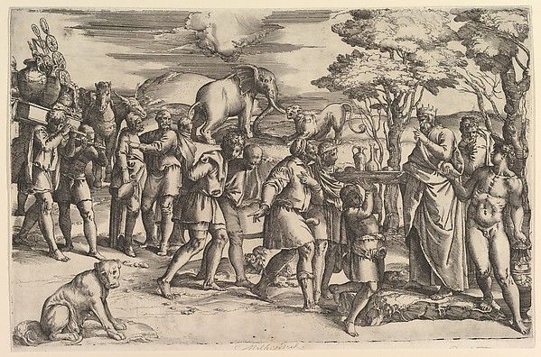 Melchizadek offering bread and wine to Abraham