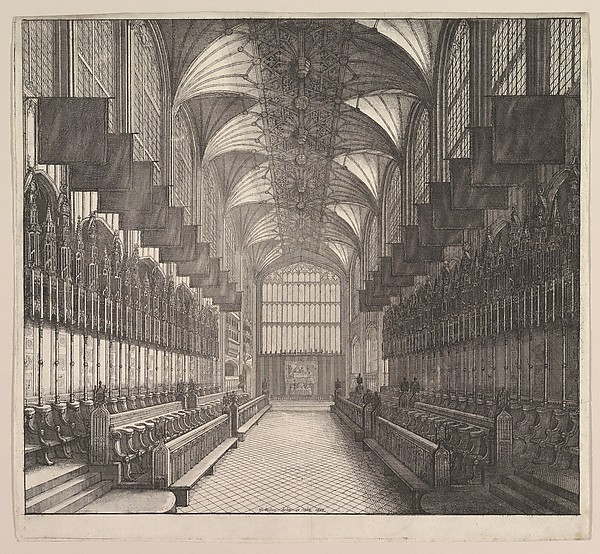 Windsor Castle, St. George's Chapel: Prospect of the Choir, from the West  (from Elias Ashmole's "The Order of the Garter," 1672)