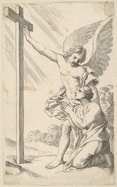 An Angel Indicates a Cross to a Man Kneeling