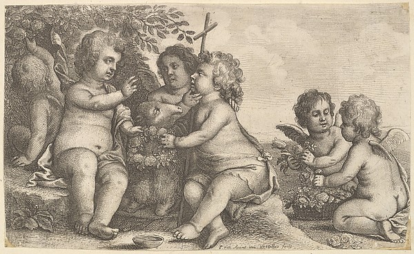 Jesus, St. John the Baptist and four cherubs by Wenceslaus Hollar