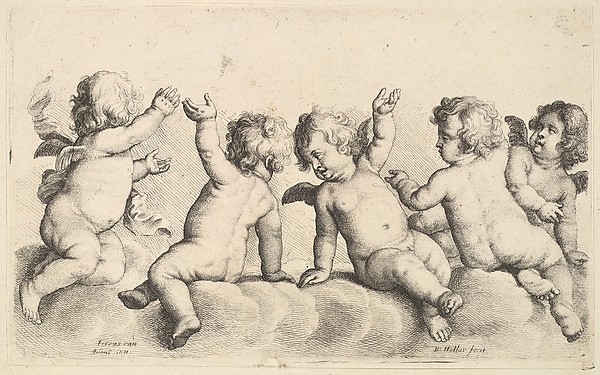 Three cherubs and two boys on clouds