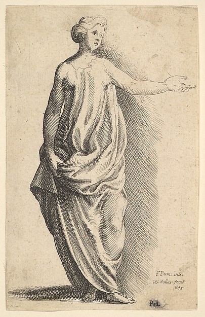 Standing female figure in loose classical robe, with arm outstretched