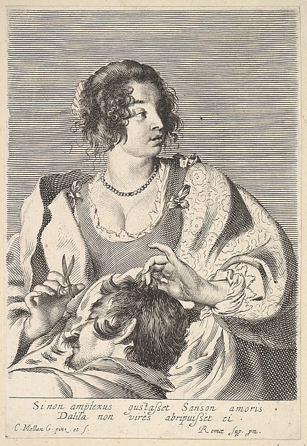 Delilah preparing to cut Samson's hair with scissors in her right hand, below her chest are the head and shoulders of the sleeping Samson by Claude Mellan
