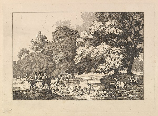 Deer Hunting – A Landscape Scene with Stag and Hounds in a River