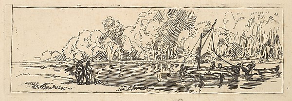 River or Pond Scene: a Sailboat and Dinghy with Figures on the Near Bank