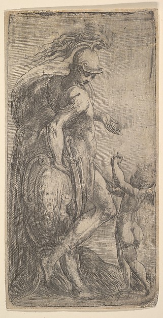 Mars standing at the left leaning on a shield, Cupid at the right