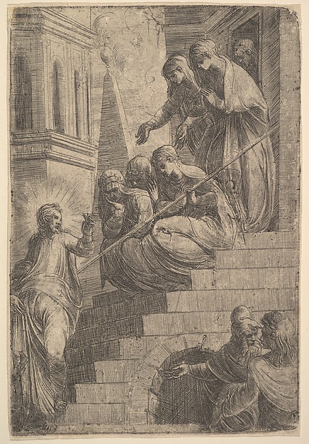 Christ addressing a group of women seated and standing on steps by Andrea Schiavone (Andrea Meldola)