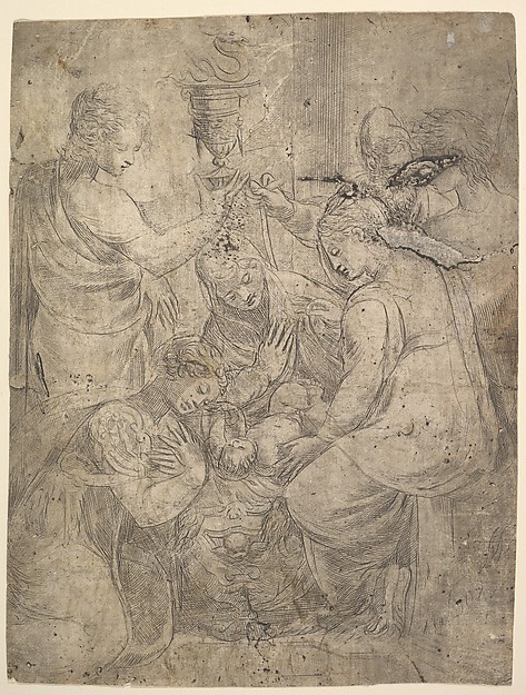 The Christ Child in the Cradle surrounded by adoring figures by Andrea Schiavone (Andrea Meldola)