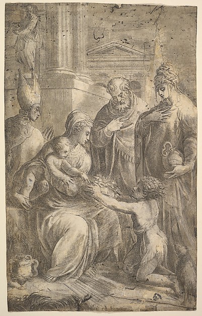 Various Saints Witnessing John the Baptist's Homage to the Infant Christ by Andrea Schiavone (Andrea Meldola)