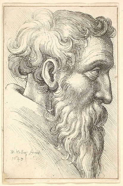 Bearded old man in profile to right
