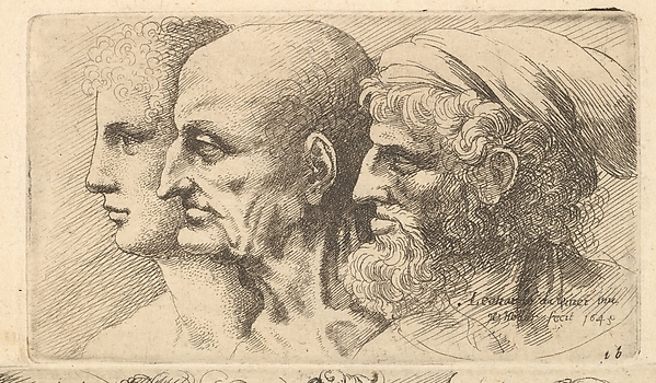 Row of three heads in profile to left