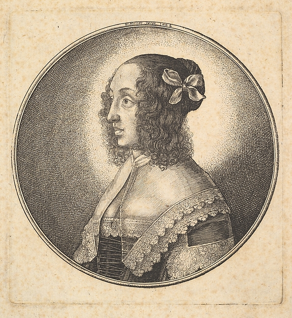 Woman with dark hair and a bow in profile to the left