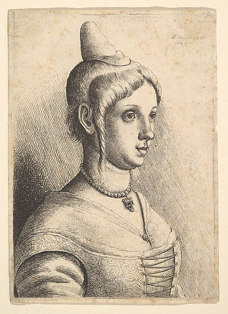 Young woman with a conical hat to right