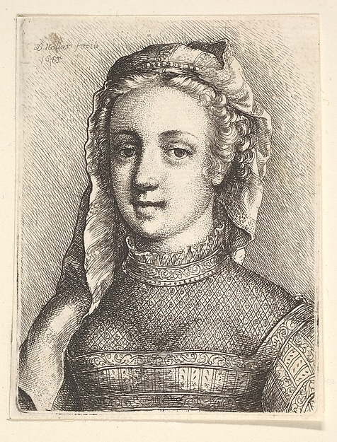 Head and shoulders of a woman with a veil and diaphanous neckware
