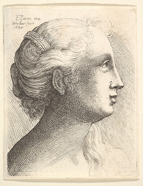 Head of a young woman in profile to right
