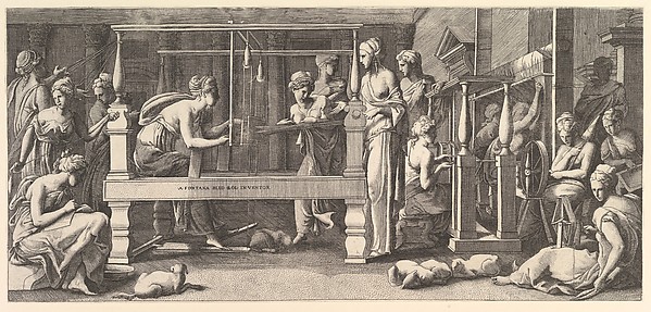 Women spinning, weaving and sewing