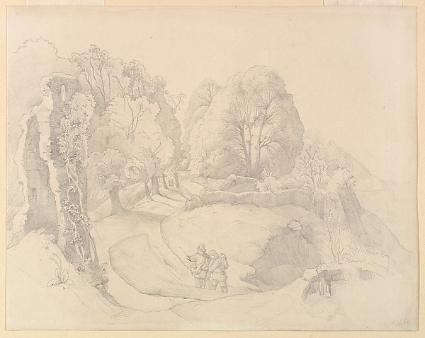 Wayfarers Near a Ruin in a Hilly Landscape