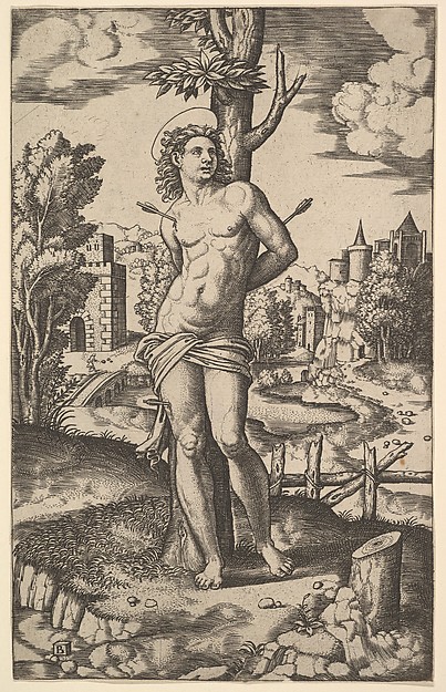 Saint Sebastian tied to a tree and pierced with arrows by Master of the Die