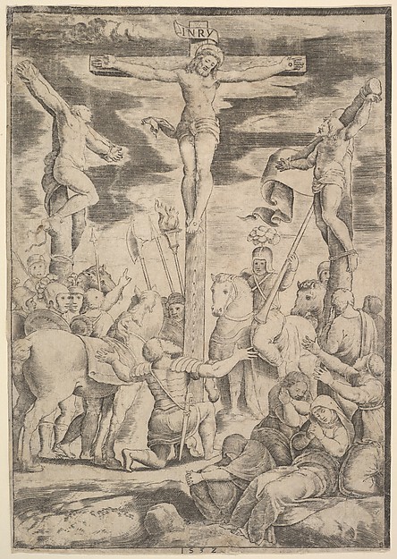 The conversion of the Centurion who flings his arms open before Christ on the cross by Master of the Die